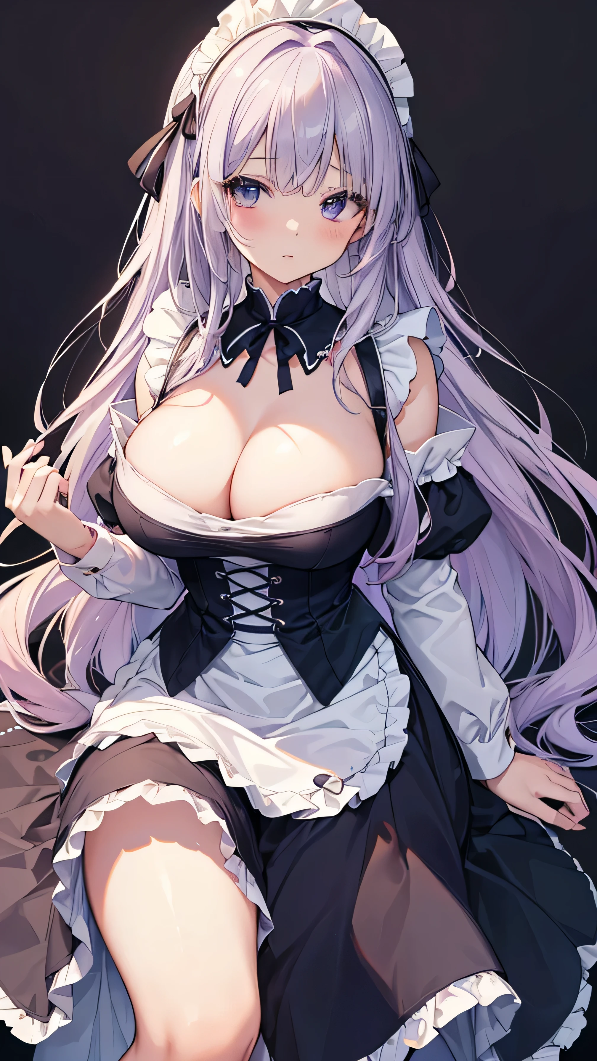 high color saturation、masterpiece、highest quality、High resolution、very delicate and beautiful、beautiful breasts、woman１people、((woman１people、solid color background、hair length、Greige hair、thick legal clothing、skirt、maid Cafe))、Huge 、off shoulder、cleavage、bbw、