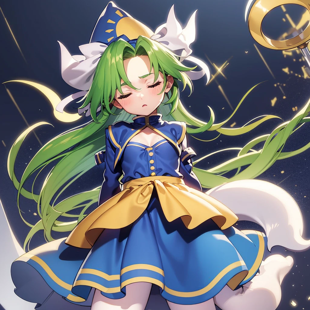 masterpiece, best quality, 1 girl, , , 10 years old, blue hat with a yellow sun pattern, long green hair, blue cape, blue cloak, blue clothes, white long sleeves, yellow ribbon, from behind, to lift up one’s skirt, cowboy shot, from front, standing , raise one leg, crossed arms, arms up behind, arms behind back, hand between legs, put hands hip, one hand on hip, forward hands, arms raised in the air, punch hands, peace_sign, waving, put up index finger, sit, lie down, closed eyes, lie face down, looking back, put one hand chest, leaning forward,cleavage,close up, horizontally outstretched arms, horizontally outstretched legs, front view, front face