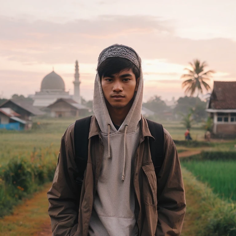 a 19 year old Indonesian man with a white face was walking after tarawih prayers in the village