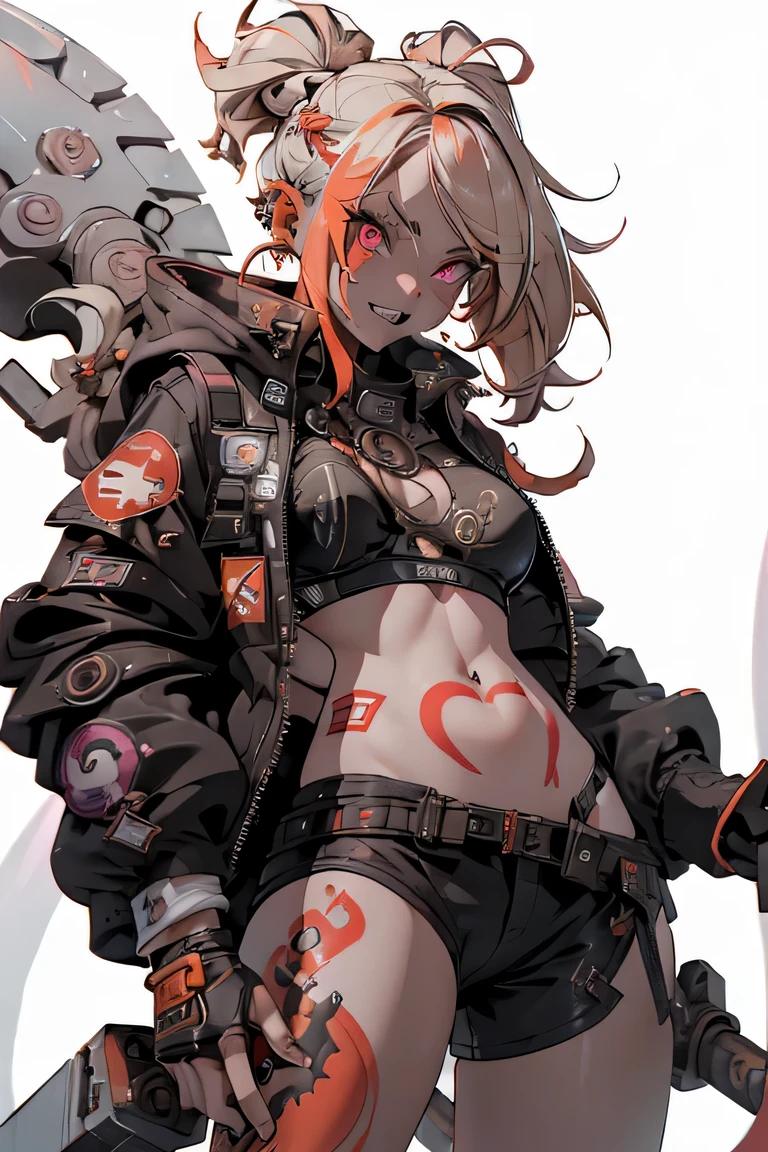 1girl, rebecca \(cyberpunk\), full body, solo, blonde braid hair, glowing red eyes,laugh fearlessly, leg tattoo, neck tattoo, large chest, black bra, thong, red pupils, skin fang, red eyes, black jacket, ((Holding a big hammer、white background:1.2))、dynamic angle、