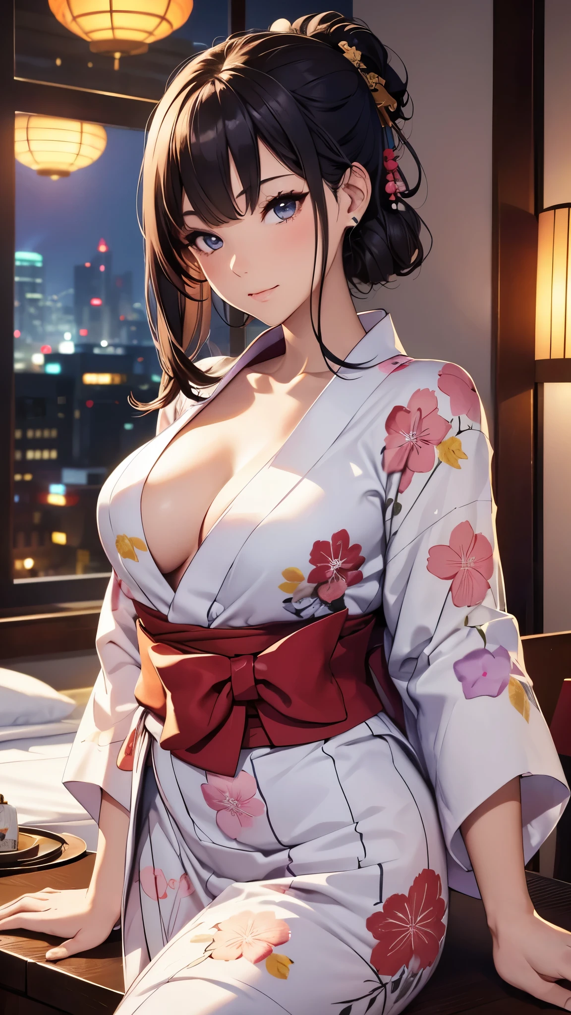 1 beautiful woman, seductive sexy, Alluring plumpness:1.3, Brunette, Straight-haired, pupils sparking, long upper eyelashes, (wearing yukata in hotel:1.5), Japanese-style rooms at the hotel, futon, seductive smile, light blush, ear blush, seductive expression, sexy tease, high quality chothing, beautiful and delicate chothing, super detail face, high detail and delicate eyes, ((accurate limbs)), ((correct finger)), (super textured skin), high quality background, award winning, masterpiece, anatomically correct, retina, highres, UHD, 16k, 8k