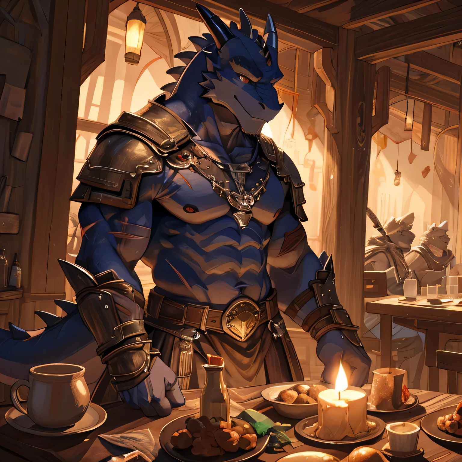 A lizard man, raptor like legs, thick long tail, scars on arms, dark midnight blue scales, smooth body, proportional body, abs, toned, light belly, illustration, (best quality, 4k, highres, masterpiece:1.2), ultra-detailed, realistic, sharp focus, vivid colors, warm lighting, full body, barbarian armor, pauldrons, open wide chest, light armored, crimson scales on body, tavern background, full body