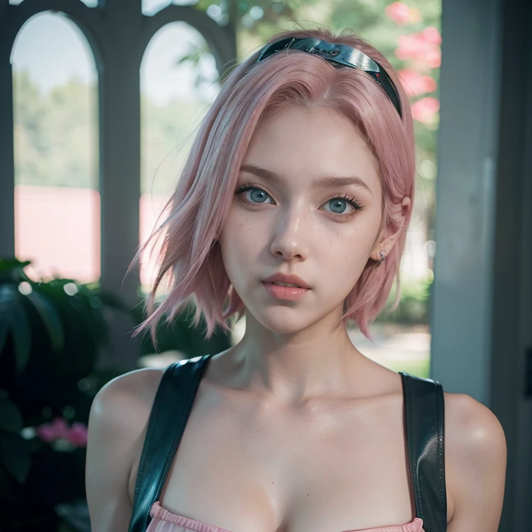 young woman, short shoulder-length pink hair, wide forehead, porcelain skin, pink eyebrows, big emerald green eyes, buttoned nose, full lips, heart-shaped face, slender body, small breasts, red tank top, Sakura Haruno , realistic, realism, details, 3d, well detailed
