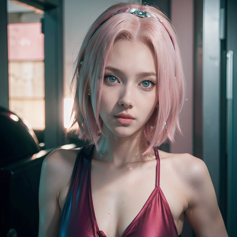 young woman, short shoulder-length pink hair, wide forehead, porcelain skin, pink eyebrows, big emerald green eyes, buttoned nose, full lips, heart-shaped face, slender body, small breasts, red tank top, Sakura Haruno , realistic, realism, details, 3d, well detailed