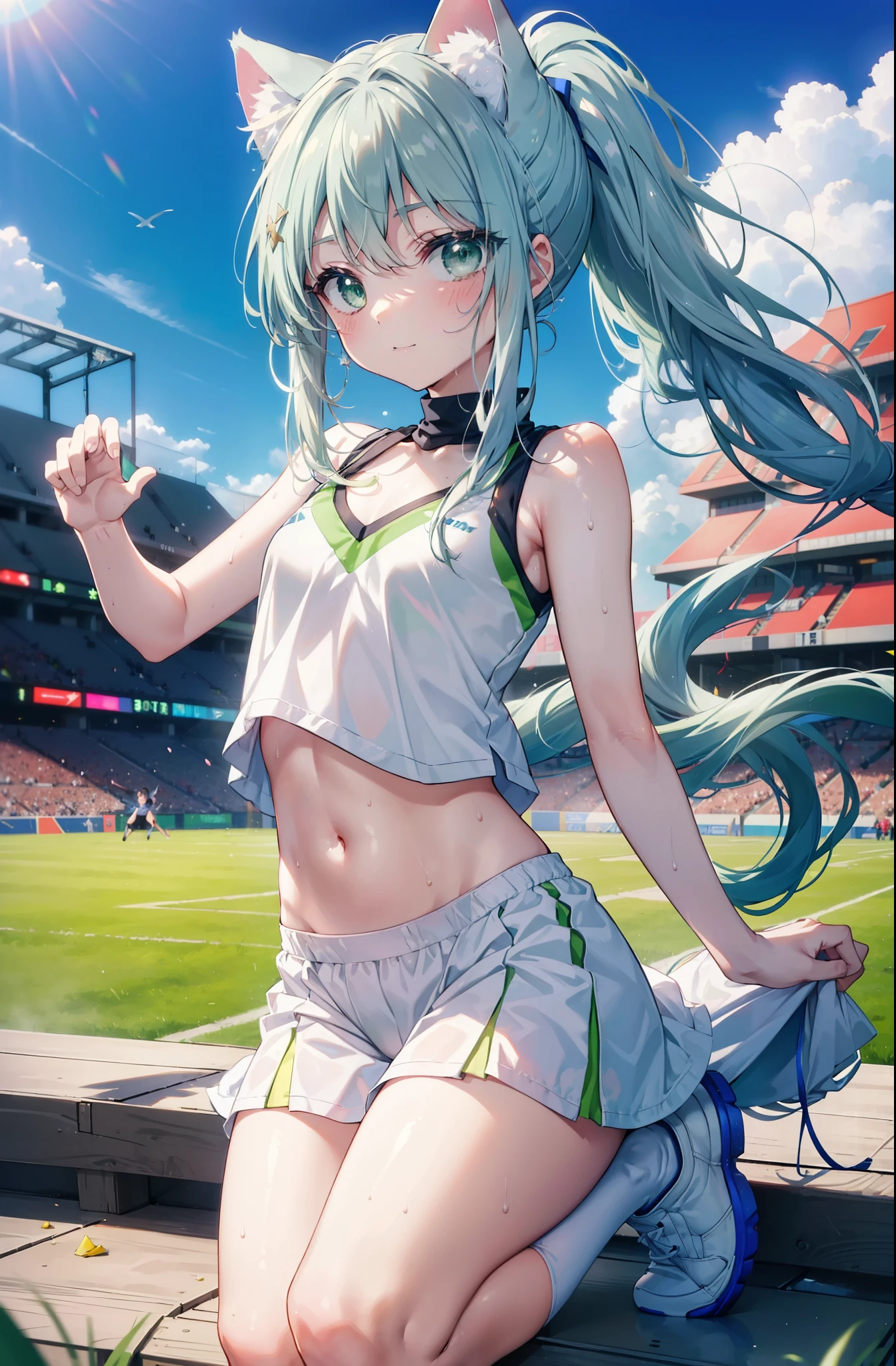 index, index, (green eyes:1.5), silver hair, long hair, (flat chest:1.2),ponytail,(cheer leading), (whole body),animal ears　 Cat ear,Animal tail　cat tail,lower, (sweaty), sweaty Wet Clothes, (white clothes), , Navel support, playground, (jump), (jump), 足を曲げてjumpする, air, blue sky, Grass原, smile,Cheerleader, pom pom \(cheer leading\), Grass, smile, 
break looking at viewer, Upper body, whole body,
break indoors, stadium,
break (masterpiece:1.2), highest quality, High resolution, unity 8k wallpaper, (figure:0.8), (beautiful deしっぽed eyes:1.6), extremely deしっぽed face, perfect lighting, extremely deしっぽed CG, (perfect hands, perfect anatomy),