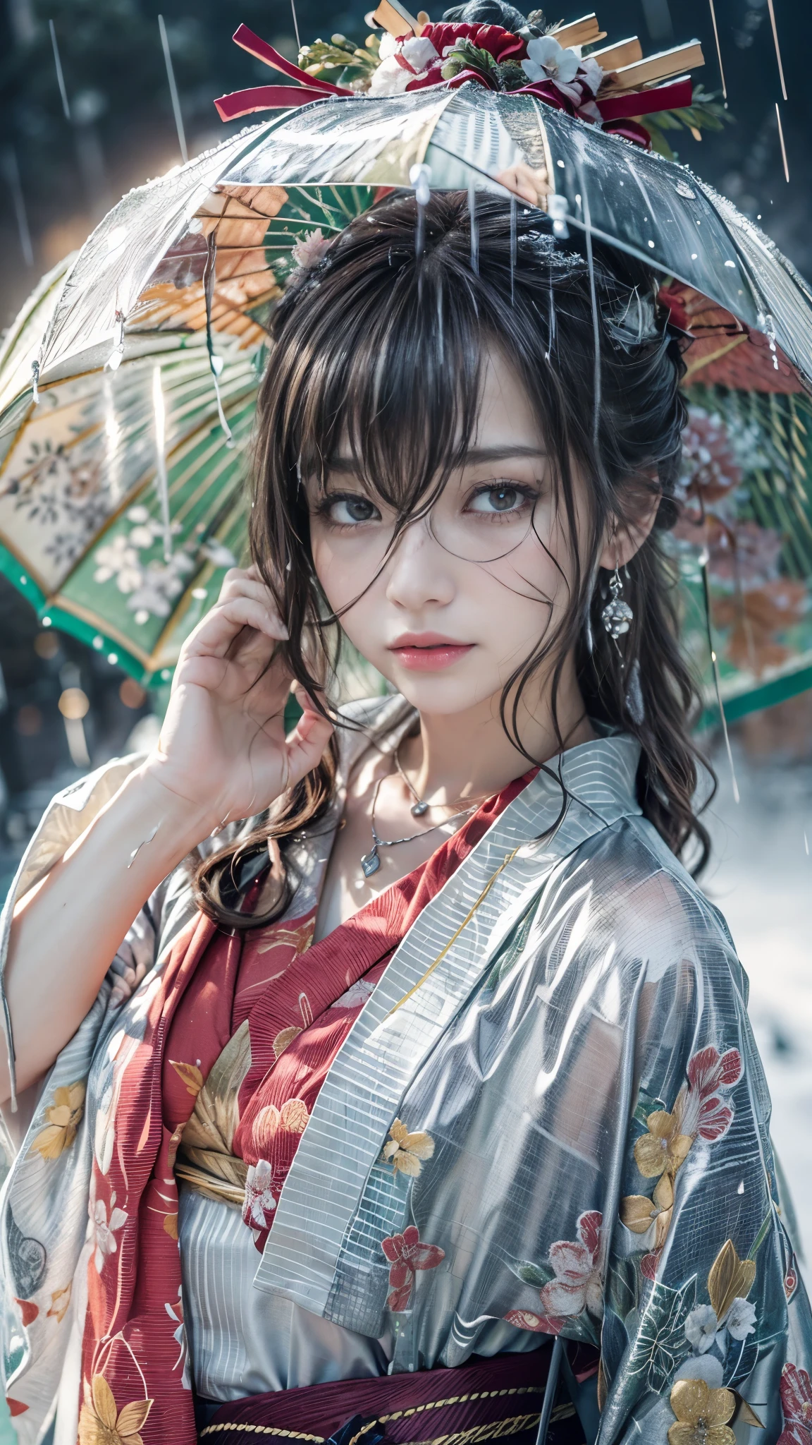 (Photoreal:1.5, 8K, highest quality:1.3, masterpiece, ultra high resolution), (((heavy snow, Blizzard))), Highly detailed skin and facial textures:1.3, perfect dynamic composition:1.2, (In front of a shrine at night in a modern city, expression of sadness:0.7), Tears are flowing:0.7, cry with a broken heart:0.7, Slim office lady wet in the rain:1.2, cowboy shot, Fair skin:1.2, sexy beauty:1.1, perfect style:1.2, beautiful and aesthetic:1.1, very beautiful face:1.2, water droplets on the skin, (rain drips all over my body:1.2, wet body:1.2, wet hair:1.3), (Professional kimono dressing:1.1, With a wet bouquet:1.2, Wearing a wet silver kimono correctly:1.3), (Medium chest, Bra see-through, Chest gap), (Big eyes that exude beautiful eroticism:0.8, adult charm:0.8, Bewitching:0.8), necklace, earrings, bracelet, wedding ring, Highly detailed and accurate hand and finger representation