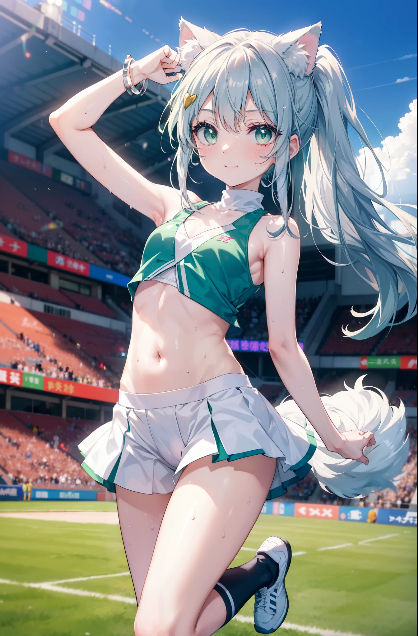 index, index, (green eyes:1.5), silver hair, long hair, (flat chest:1.2),ponytail,(cheer leading), (whole body),animal ears　 Cat ear,Animal tail　cat tail,lower, (sweaty), sweaty Wet Clothes, (white clothes), , Navel support, playground, (jump), (jump), 足を曲げてjumpする, air, blue sky, Grass原, smile,Cheerleader, pom pom \(cheer leading\), Grass, smile, 
break looking at viewer, Upper body, whole body,
break indoors, stadium,
break (masterpiece:1.2), highest quality, High resolution, unity 8k wallpaper, (figure:0.8), (beautiful deしっぽed eyes:1.6), extremely deしっぽed face, perfect lighting, extremely deしっぽed CG, (perfect hands, perfect anatomy),