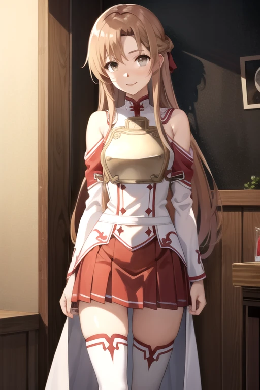 expensive body, expensive, long legs, mature female, mature, adult, simple background, Indoor left side_star_Asuna, 1 girl, long hair, Asuna (star), brown hair, brown eyes, alone, arms, sword, Thighhighs, skirt, smile, armor, breastplate, removed sleeve, pleated skirt, white Thighhighs, looking at the viewer, bare shoulders, red skirt, very long hair