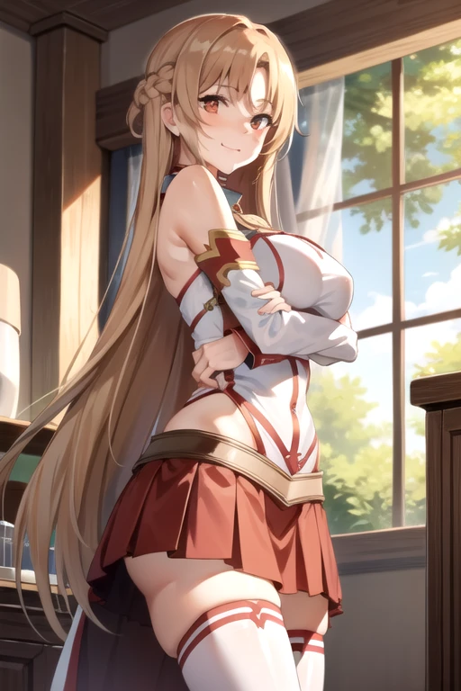 expensive body, expensive, long legs, mature female, mature, adult, simple background, Indoor left side_star_Asuna, 1 girl, long hair, Asuna (star), brown hair, brown eyes, alone, arms, sword, Thighhighs, skirt, smile, armor, breastplate, removed sleeve, pleated skirt, white Thighhighs, looking at the viewer, bare shoulders, red skirt, very long hair