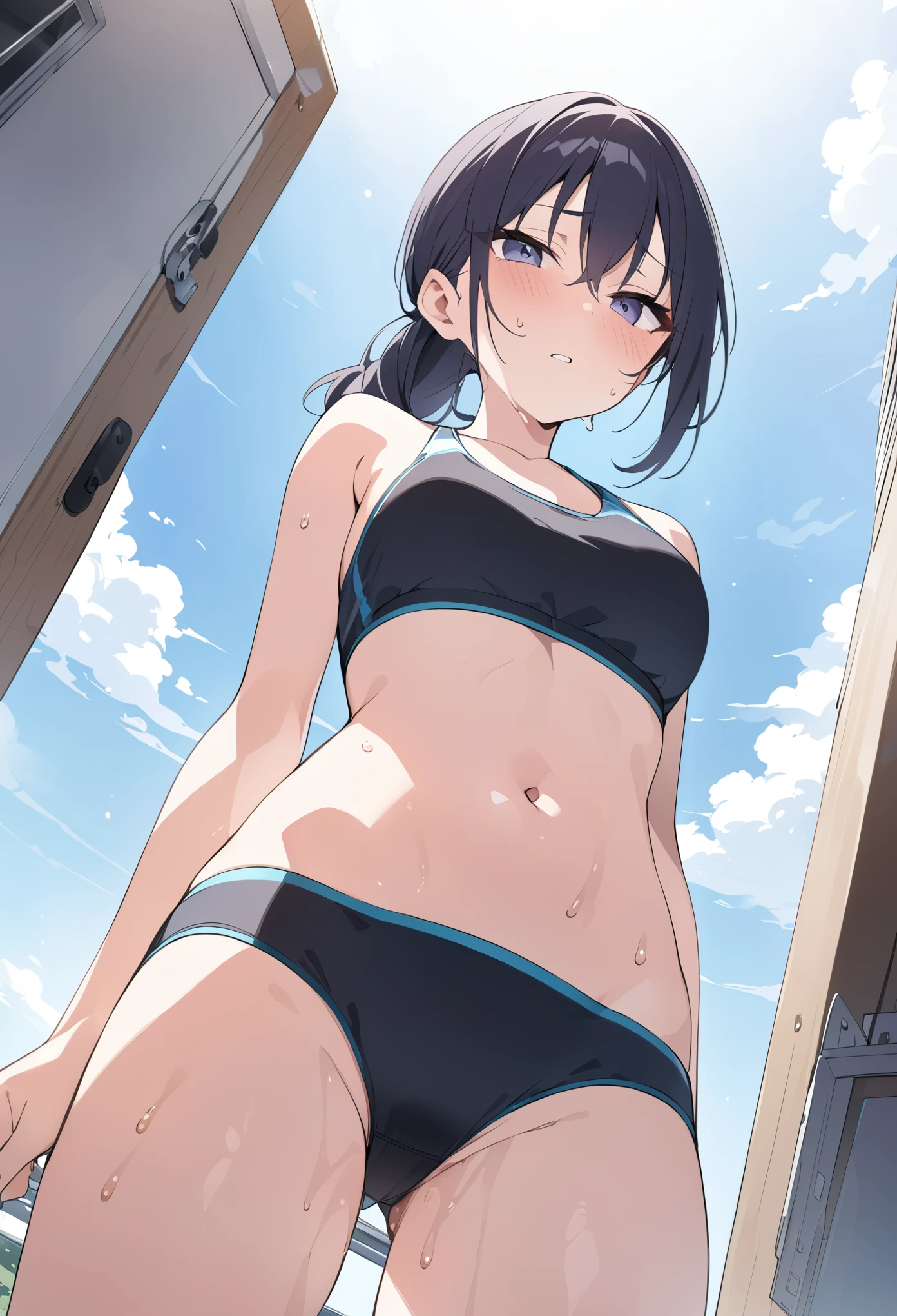 highest quality、High resolution, sport bikini women、slender line、run in the schoolyard、run in the schoolyard、sweating、Looks like a model, full of sweat、(Photo 1 View from below:1)、