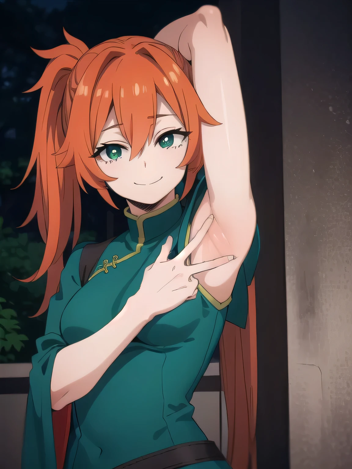 itsukakendo, itsuka kendo, long hair, (green eyes:1.3), ponytail, orange hair,
BREAK chinese clothes, long sleeves, wide sleeves,
solo, night sky, forest, arms behind head, contrapposto, spread armpits, smile, closed mouth,  looking at viewer, upper body, (masterpiece:1.2), best quality, high resolution, (illustration:0.8), (beautiful detailed eyes:1.6), extremely detailed face, perfect lighting, extremely detailed CG, (perfect hands, perfect anatomy),