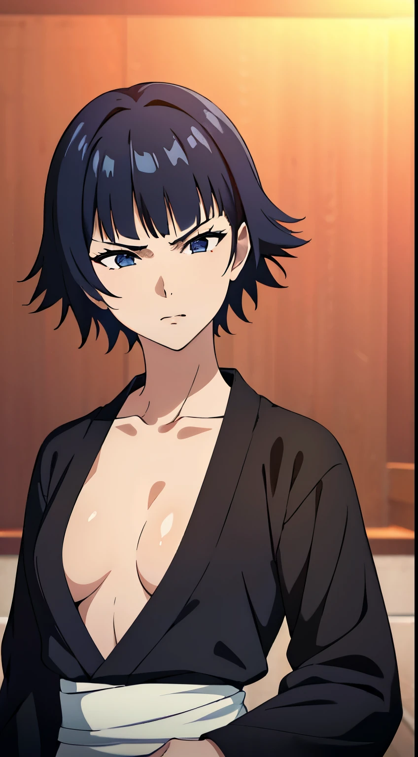 masterpiece,super high quality, High resolution, Anime Art Style,girl1people,black kimono,1in people, 8K, perfect face, black hair, short hair, slender body, back muscles, perfect hands, perfect anatomy ,stylish pose,stylish angle,looking at the viewer,in the center of the image, (beautiful_milk:1.3), (beautiful_face:1.4),(beautiful_waist:1.2),