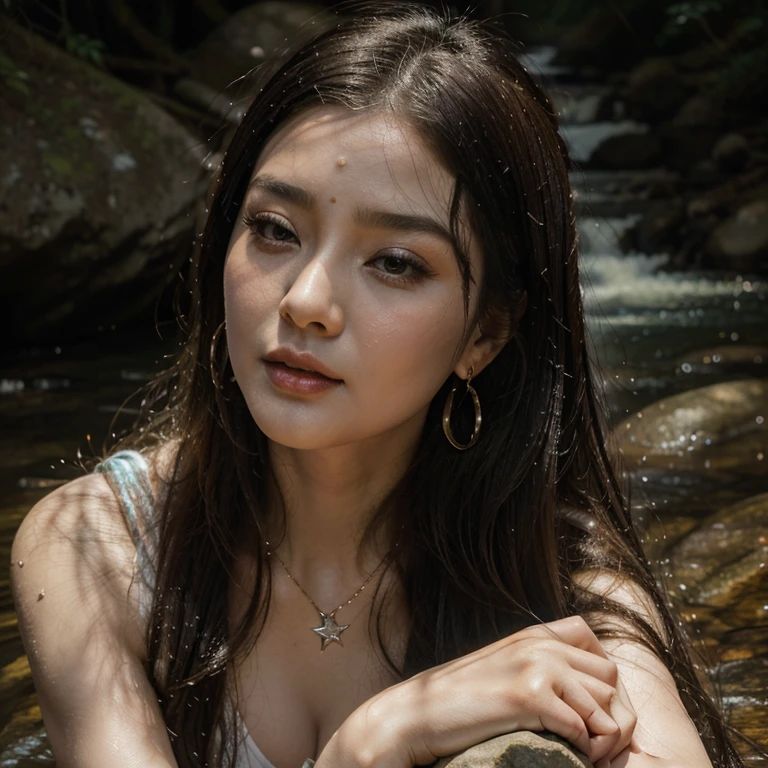 🍄🍄🍄 Fan Bingbing, Chinese star'ชุดสีชมพูซีทรูของนางwetโชกไปด้วยน้ำที่เผยให้เห็นขนของเธอ. See every part of the body inside. Add cuteness with a diamond necklace.,hoop earrings,bangle, long straight hair, posing with a rock, waterfall, forest, mountain, film light stream, Medium shot, full width, close up. ( Sleeping on the ground near the stream ) open legs, wet, open mouth, close up, The face turns to look at the viewer..