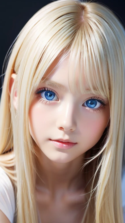 A beautiful Scandinavian girl with shining blonde hair、Transparent white glossy skin、Wind blonde gets in the way in front of a cute face、huge 、Cute little beautiful face of 20 years old、Beautiful straight blonde silky hair that stands out、blonde hair above the eyes、Big, bright, light blue eyes that shine beautifully、very big eyes、long silky bangs that cover cute eyes, Sexy face-hiding hair, super long blonde hair、Sexy cute young woman、Super long blonde with shiny light blonde hair、small face beautiful girl、very white shiny skin、Beautiful highlights for big eyes
