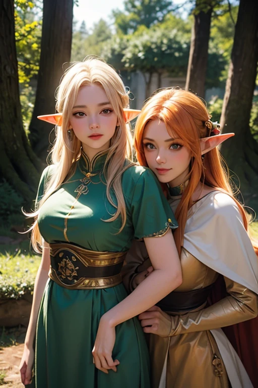 (masterpiece), best quality, expressive eyes, perfect face, two adventurer girls, ( 1 girl, elf ears, blond hair, green eyes, green dress, jewelry, magic user), ( 2 girl, elf ears, orange hair, brown eyes, leather armor, fighter) , magical forest background
