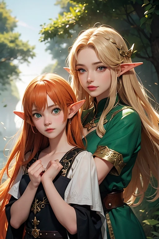 (masterpiece), best quality, expressive eyes, perfect face, two adventurer girls, ( 1 girl, elf ears, blond hair, green eyes, green dress, jewelry, magic user), ( 2 girl, elf ears, orange hair, brown eyes, leather armor, fighter) , magical forest background
