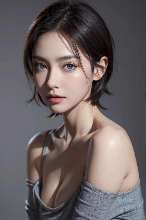 Skin Tight Top:1.2, Looking at Viewer, Cinematic lighting, Perfect, softlight, High resolution skin:1.2, Realistic skin texture, 30 years old mature woman、Small face、no-makeup、 off shoulders,Bust B Cup、 Exposed cleavage, Small breasts、Blue eyes, Short hair, dark brown hair、Gray background、