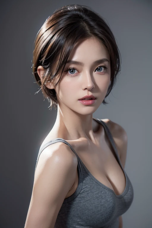 Skin Tight Top:1.2, Looking at Viewer, Cinematic lighting, Perfect, softlight, High resolution skin:1.2, Realistic skin texture, 30 years old mature woman、Small face、no-makeup、 off shoulders,Bust B Cup、 Exposed cleavage, Small breasts、Blue eyes, Short hair, dark brown hair、Gray background、