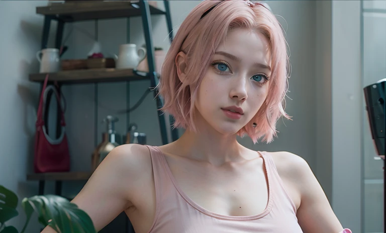 young woman, short shoulder-length pink hair, wide forehead, porcelain skin, pink eyebrows, big emerald green eyes, buttoned nose, full lips, heart-shaped face, slender body, small breasts, red tank top, Sakura Haruno , realistic, realism, details, 3d, well detailed