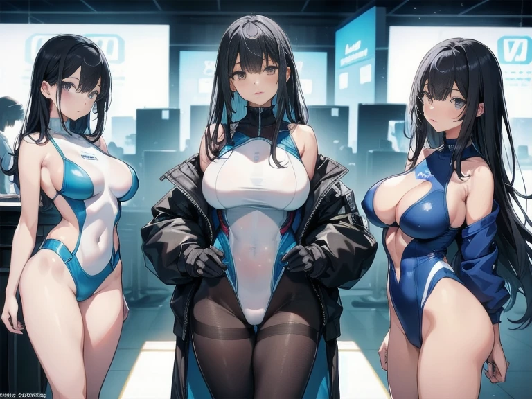 Realistic representation: A superbly crafted image of an 18-year-old Japanese woman, with an anatomically correct body rendered in the highest image quality of 8k and RAW. Her lithe form clad in a snug-fitting, light blue and grey competitive swimsuit, every curve and line meticulously depicted to express the fullness of her physique. She squats down, legs wide open to the left and right, inviting the viewer's gaze as she draws attention to the hollow of her crotch. Transparent nipples peek through the fabric, accentuating her voluptuous breasts. Her beautifully sculpted face, adorned with black