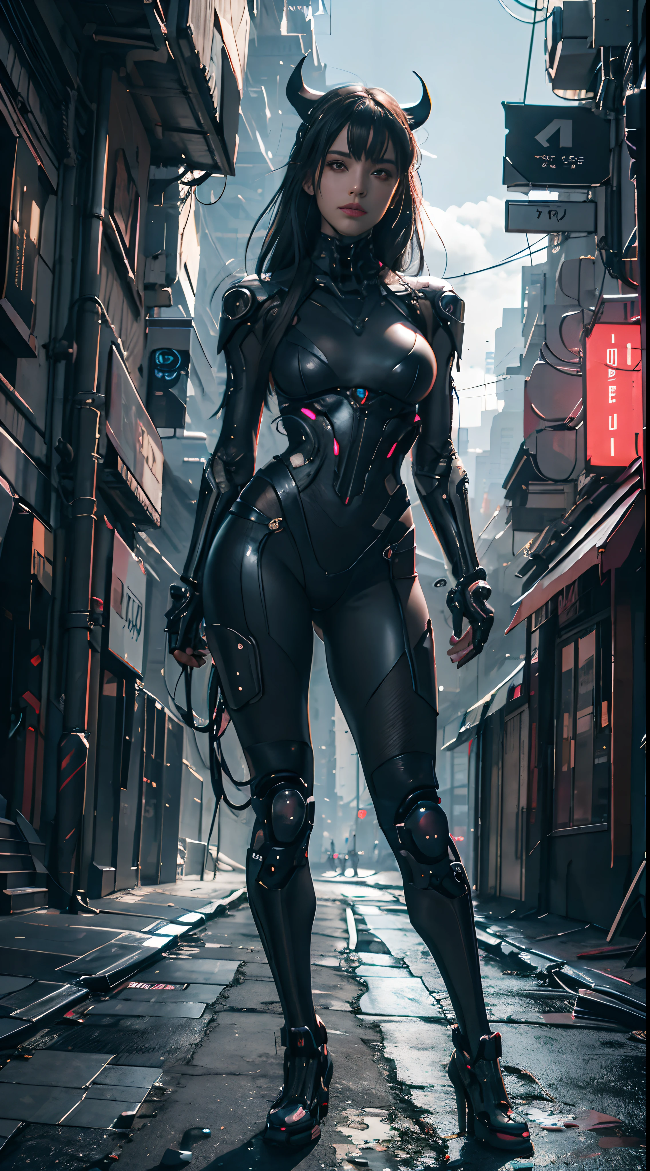 a young woman,Dress sexy,Iuture techwear,mechanical harnesechanical skeleton, evening, A ruined cyberpunk city., neon billboard, Better image quality, Maximum clarity and clarity, Surreal realism, Highly detailed, AIoIuturismo,Contrast of light and shadow, Cinematic lighting, Ray tracing, Luz reIlectante, cowboy lenses, I/4.0
