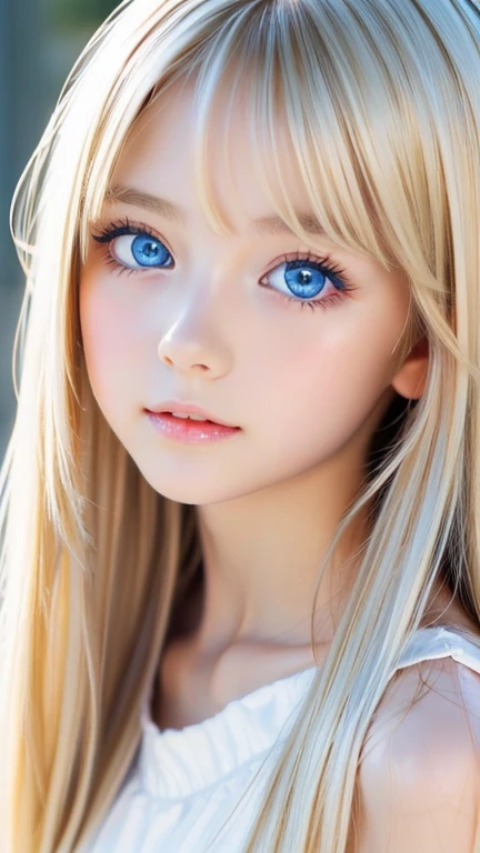 A beautiful Scandinavian girl with shining blonde hair、Transparent white glossy skin、Wind blonde gets in the way in front of a cute face、huge 、Cute little beautiful face of 20 years old、Beautiful straight blonde silky hair that stands out、blonde hair above the eyes、Big, bright, light blue eyes that shine beautifully、very big eyes、long silky bangs that cover cute eyes, Sexy face-hiding hair, super long blonde hair、Sexy cute young woman、Super long blonde with shiny light blonde hair、small face beautiful girl、very white shiny skin、Beautiful highlights for big eyes