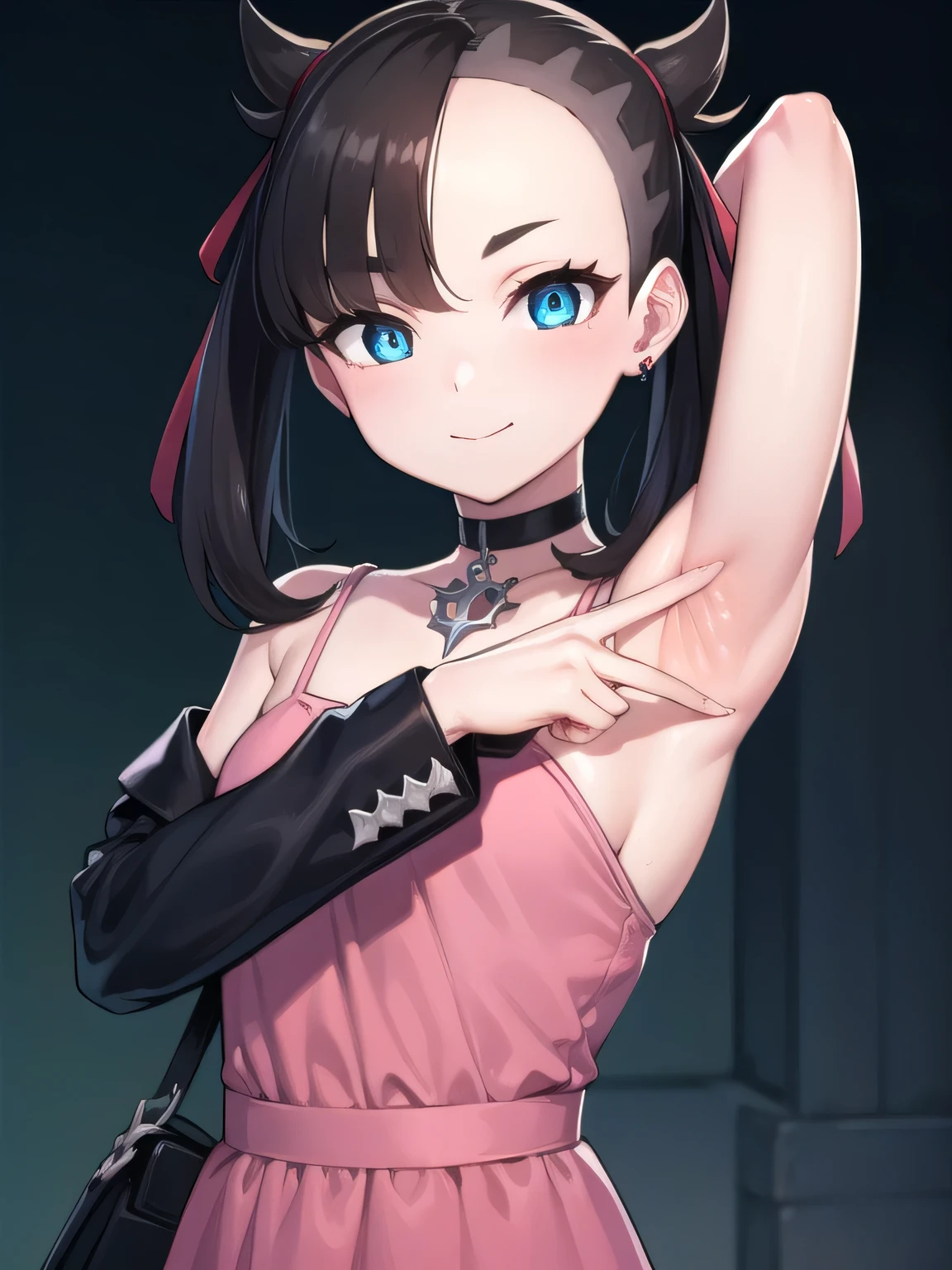 pokemonmarnie, pokemonmarnie, aqua eyes, asymmetrical bangs, asymmetrical hair, black hair, hair ribbon, long hair, red ribbon, ribbon, twintails, (small breasts:1.2),
black choker, black jacket, choker, dress, earrings, jacket, jewelry, long sleeves, open clothes, pink bag, pink dress,
 ako suminoe, ascot, solo, upper body, night sky, forest, arms behind head, contrapposto, spread armpits, smile
BREAK (masterpiece:1.2), best quality, high resolution, unity 8k wallpaper, (illustration:0.8), (beautiful detailed eyes:1.6), extremely detailed face, perfect lighting, extremely detailed CG, (perfect hands, perfect anatomy),