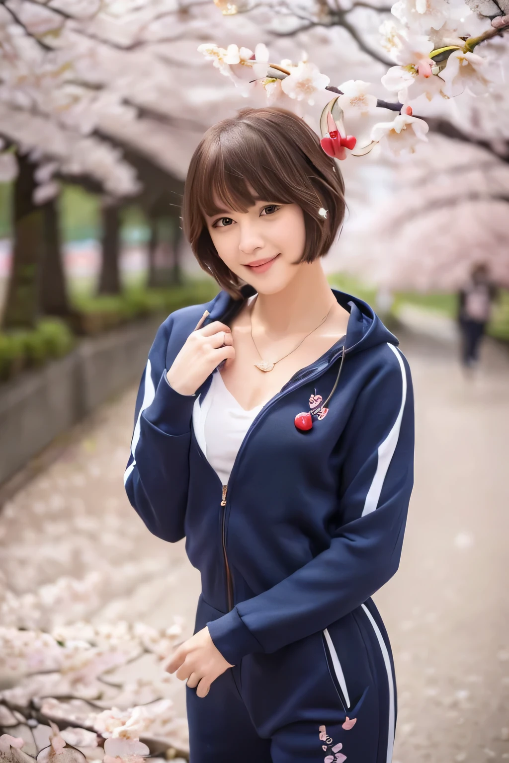 (masterpiece:1.4), (best quality:1.4) ,8K,cinematic lighting,((best quality)), (masterpiece) , (realistic shadow),(intricate details:1.4), (Solo Beauty Idol Girl,),(brown short wavy pixie hair with asymmetrical bangs:1.3),Happy smiling face, BREAK (wearing navy tracksuit:1.3),Necklace,Piercing,Beautiful hands,Beautiful fingers,(Slender body:1.4),shirtlift,
(Looking at Viewer),(Full body shot,), BREAK (cherry blossom:1.4),(cherry blossom blizzards:1.2),