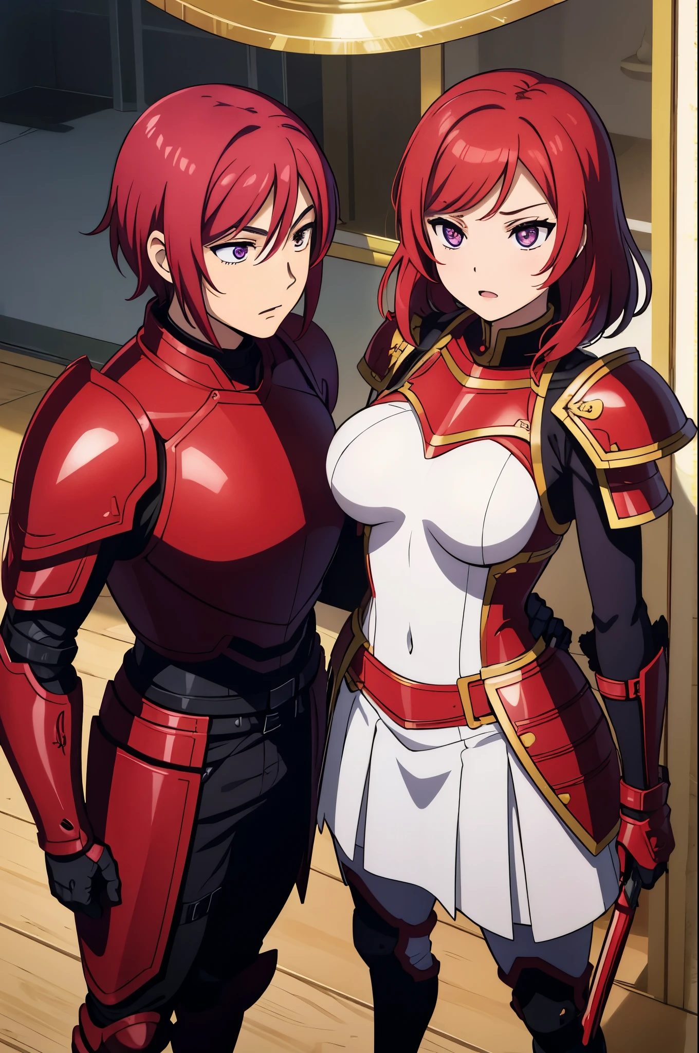 Nishikino maki, Purple eyes, red hair,boy and girl standing beside each other,(armor:1.2),Golden Armor ,Helmet, Powerful pose, breast armor