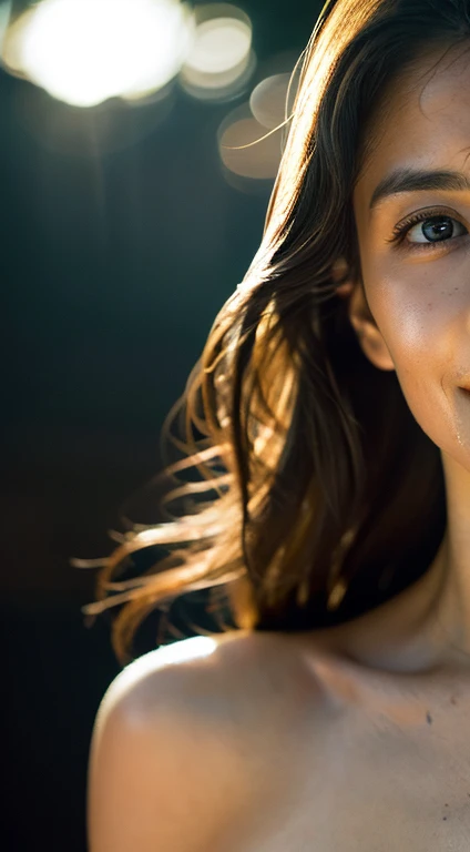 highest quality, epic realistic, ((in the pitch black darkness :1.4)), ((portrait:1.5)),(background: dark ) high contrast ,glorious picture, lowest lux, lighting face, she's comfortable, wearing nothing, looks incredible, (8k, Raw photo, Highest quality),(epic realistic:1.5), a woman, face,(detailed eyes:0.8),(looking at the camera:1.4), (Highest quality), ( high contrast, deep shadows),Intricate details,cinematic,((skin:1.4)), (long dark hair:1.3), long hair, messy ,(Hdr:1.5),Detailed, colors, Superior quality, Masterpiece, Raw Photo (20-year-old, looking at viewer), beautiful, (wearing plain yellow shirt,), perfect, natural, perfect composition, portrait, perfect face, smiling expression, Captivating eyes, Bright details, Tight lips, (High Skin Detail),, (blue tint: 0.6), (sale: 0.8), (bloody: 0.7), Key lighting , (backlight: 0.5), Medium depth of field, Canon 5d, 50mm lens, f/4 apertures, (Ultra-detailed, Complex detail), sharp focus, soft colors, 8k, Absurd, 80mm, dark background, photography, smiling,medium ,gaze looking beyond,red blush,Strong sunshine,delicate and messy hair,realistic skin textures, Pronounced pores and skin wrinkles,tropical rainforest,((strong light shines on the face)), The upper part of the body, naked portrait, nude photography, detailed armpit, pussy pubic hair, shiny nipple