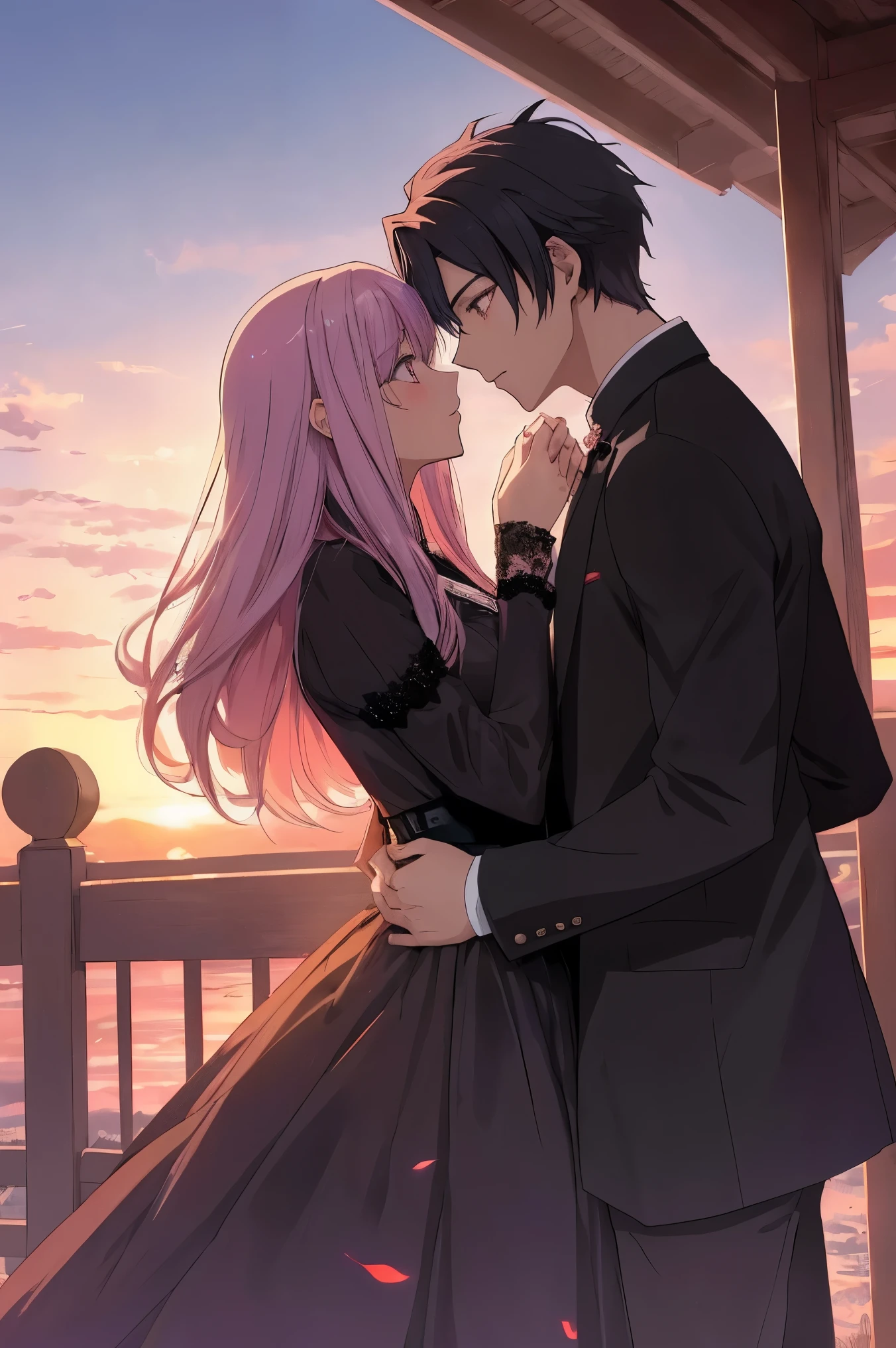 (Anime style:1.4) of 1girl witch with (long mauve hair), being courted by 1boy tall with short black hair in rocker clothes. This striking image depicts a scene of the couple wrapped in an aura of romance and passion. Extremely detailed and richly colored. The boy in love looks at the girl face to face, ((eyes detailed)), wanting to kiss her while both are on a lookout, contemplating the colorful, beautiful and magnificent sunset that witnesses them. Masterpiece, best quality, HDR, UHD, High quality, glamorous, 8k, super detail, gorgeous light and shadow. Showcasing they celestial beauty in stunning high-definition.