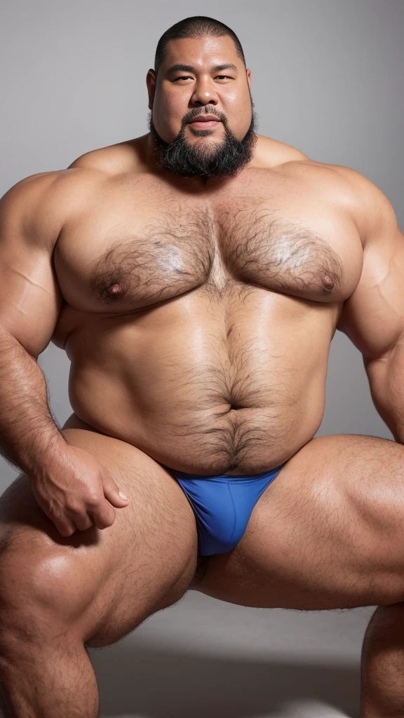 black hair, middle-aged man, individual, male, Muscular wrestler, muscular, Stout wrestler, Asian, Japanese, uncle, 55 year old middle-aged man, short hair, short hair, blue wrestling boots, full body portrait, shadow, Vision, yellow briefs, obesity, 45 years old, short beard, middle-aged man, tattoo, fingerless gloves, Wheat skin, shiny skin, dark skin, Show your pectoral muscles, sumo wrestler, bodybuilder, wide temples, Visible abdominal muscles, Smile, Fine hands, solid color background, pure white background, Surrealism, Panorama, 8k, super detail，