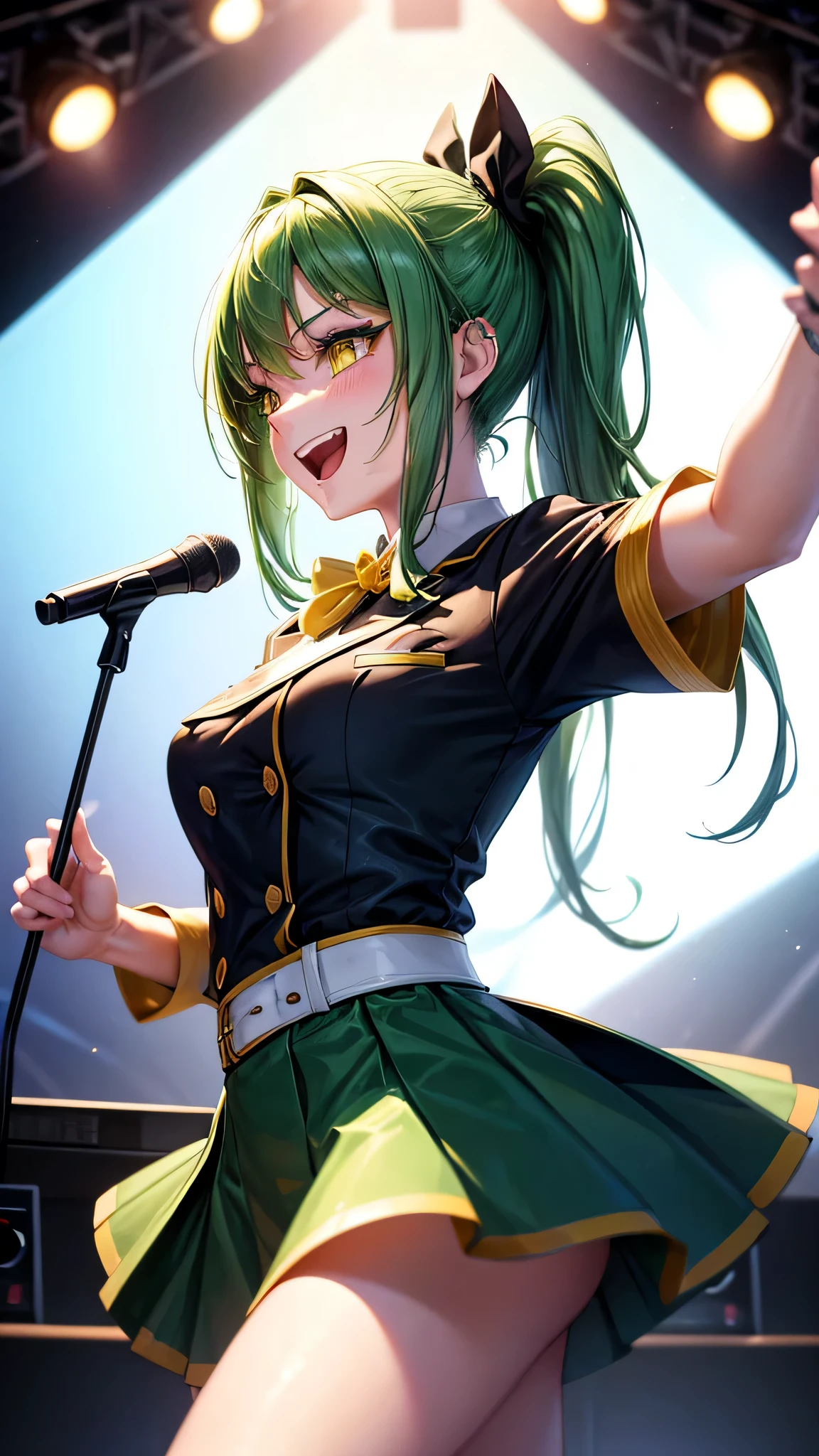perfect anatomy, masterpiece:1.4, best quality, 8k, beautiful detailed grow, daydreaming expression, in the rap battle stage, ((Rap Battle style)) (hand holding mike gripping mike), break, profile (solo Ponytail green hair long hair cute girl, 15 yo, cute yellow eyes, happy smile, make-up love face, open mouth), break, (in a dj style uniform).