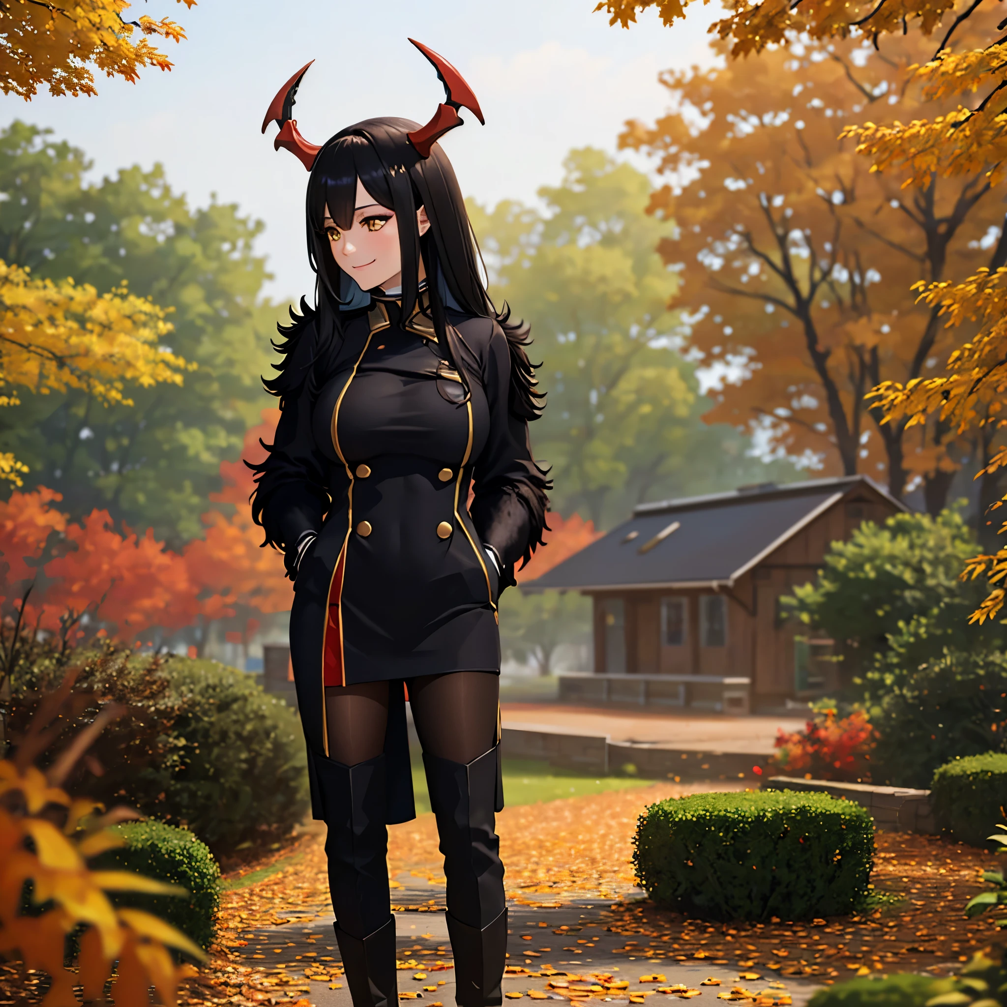 (a woman wearing a black fur coat,autumn themed park,leaves falling to the ground,houses in the background,trees around,black hair,yellow eyes,red horns,big breasts,smiling:1.1),(HDR,ultra-detailed,realistic:1.37),portraits,vivid colors,studio lighting