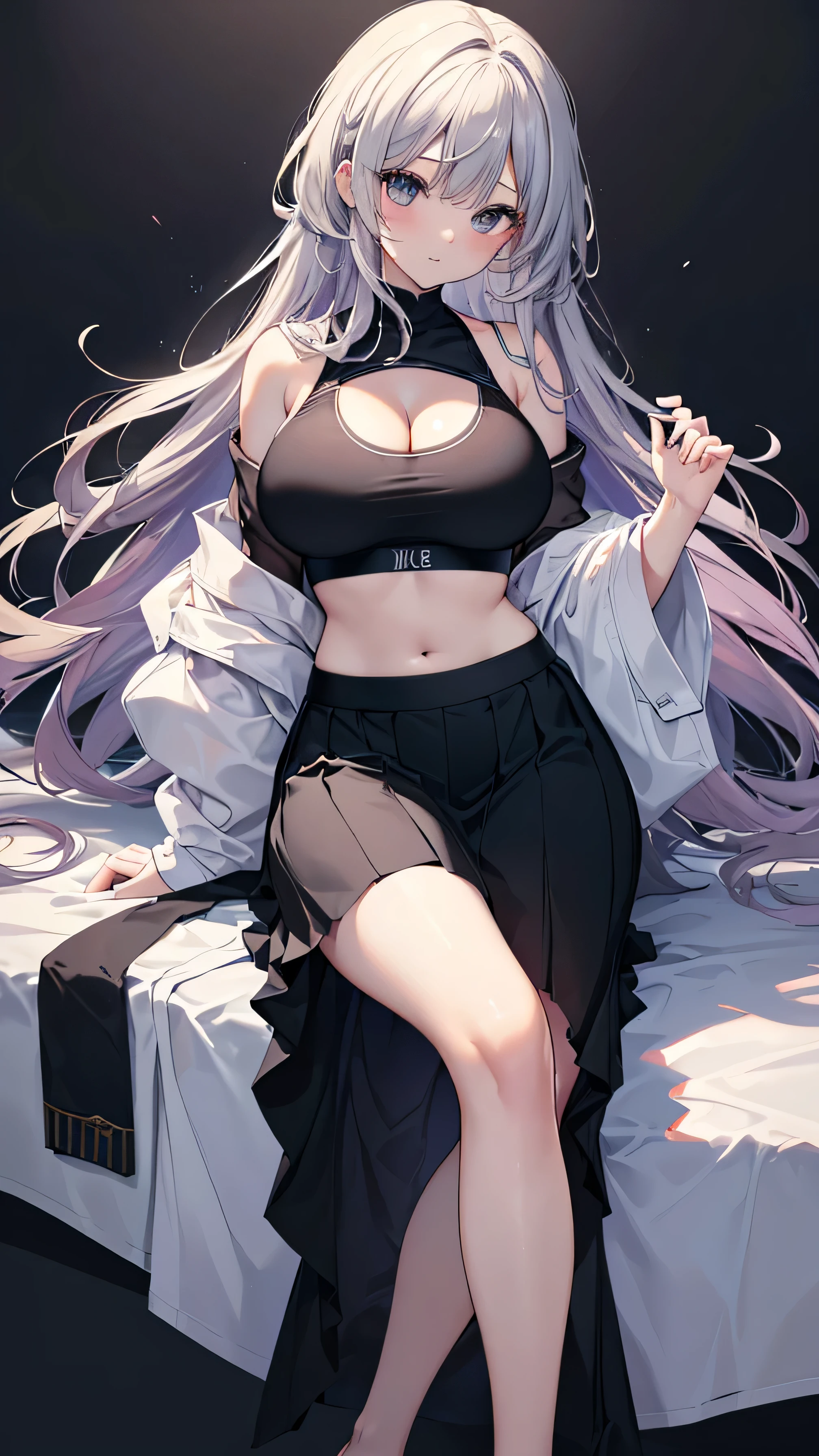 high color saturation、masterpiece、highest quality、High resolution、very delicate and beautiful、beautiful breasts、woman１people、((woman１people、solid color background、hair length、Greige hair、thick legal clothing、skirt、black sports bra))、Huge 、off shoulder、cleavage、bbw、