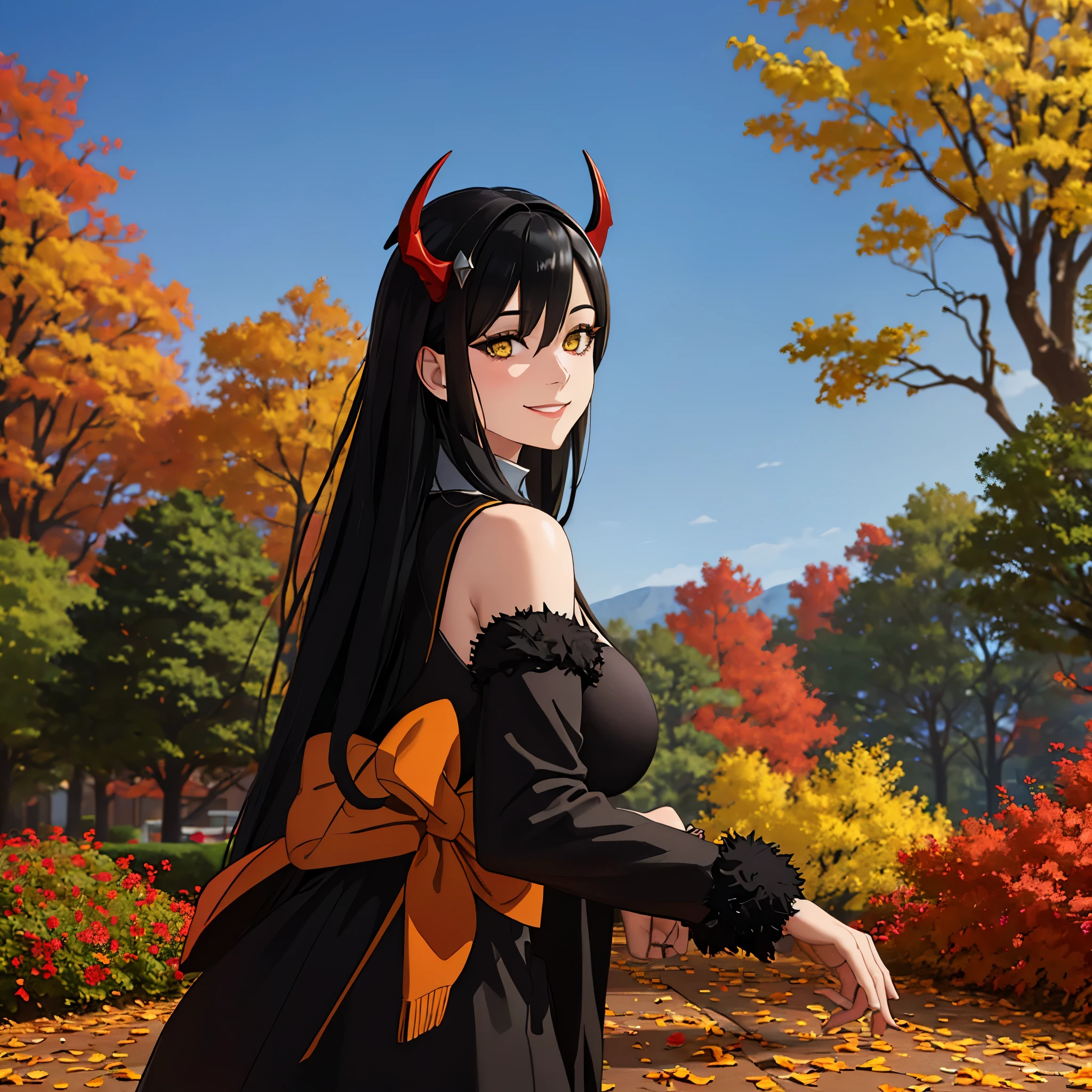 (a woman wearing a black fur coat,autumn themed park,leaves falling to the ground,houses in the background,trees around,black hair,yellow eyes,red horns,big breasts,smiling:1.1),(HDR,ultra-detailed,realistic:1.37),portraits,vivid colors,studio lighting