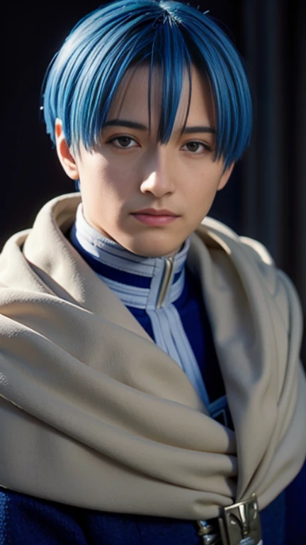 Himmel, 1man, cape, jacket, looking at viewer, upper body, detailed face, detailed eyes, blue hair, handsome