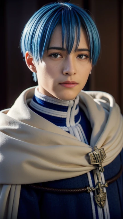 Himmel, 1man, cape, jacket, looking at viewer, upper body, detailed face, detailed eyes, blue hair, handsome