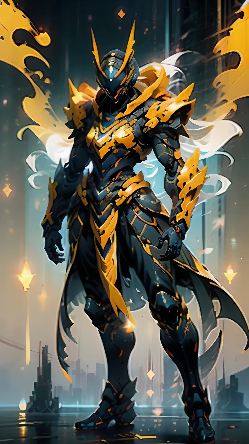 A woman adorned in fantasy-style full-body armor, a crown-concept fully enclosed helmet that unveils only her eyes, a composite layered chest plate, fully encompassing shoulder and hand guards, a lightweight waist armor, form-fitting shin guards, the overall design is heavy-duty yet flexible, ((the armor gleams with a golden glow, complemented by red and blue accents)), exhibiting a noble aura, she floats above a fantasy-surreal high-tech city, this character embodies a finely crafted fantasy-surreal style armored hero in anime style, exquisite and mature manga art style, (Queen bee mixed with Spider concept Armor, plasma, blood), ((Element, energy, elegant, goddess, femminine:1.5)), metallic, high definition, best quality, highres, ultra-detailed, ultra-fine painting, extremely delicate, professional, anatomically correct, symmetrical face, extremely detailed eyes and face, high quality eyes, creativity, RAW photo, UHD, 32k, Natural light, cinematic lighting, masterpiece-anatomy-perfect, masterpiece:1.5