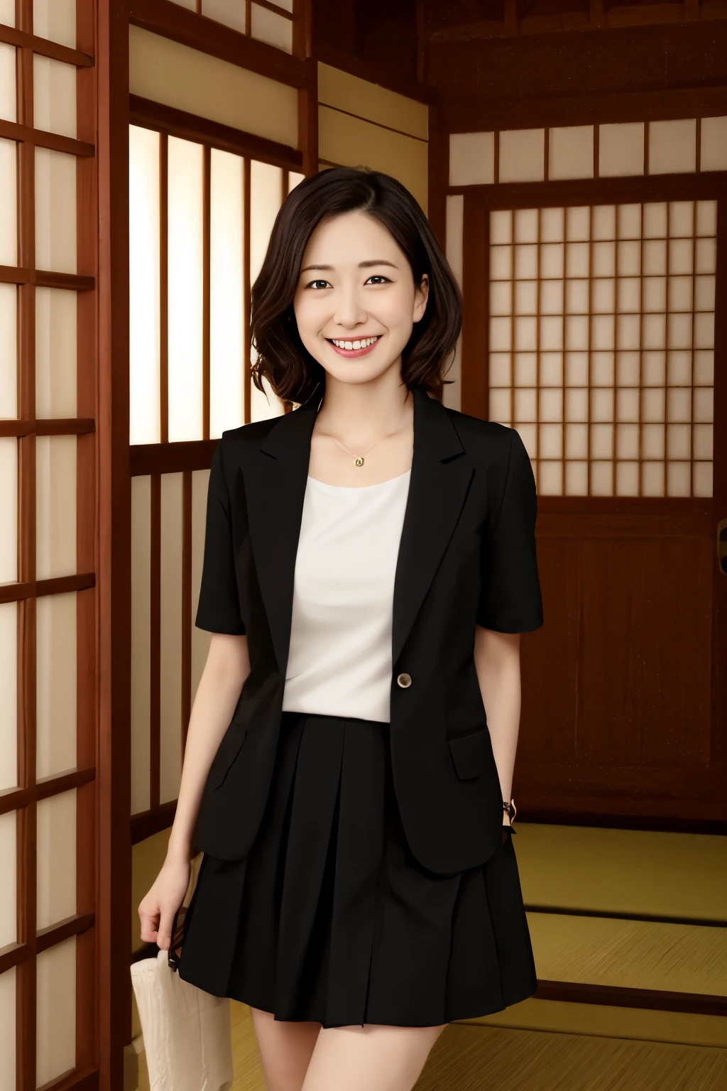 portrait、8K、high quality、realistic photo images、39 years old、japanese woman、proper wife、young proprietress of an inn、Reproduces natural and realistic eyes、japanese stand、、美しいblack hair、short hair、light makeup、octane rendering、beautiful lighting、composition of golden ratio、laughter、Clothes with short sleeves、The jacket is a short-sleeved work uniform.、Short-sleeved Samue、mini skirtの服装、mini skirt、very short skirt、Standing at the entrance of a hot spring inn、Ryokan Sandals、welcome customers、Welcome、Hot spring inn entrance background、4k、High level image quality、realistic photo images、japanese woman、39 years old、Pure Japanese humanity、beautiful wife、Upper body、beautiful bust、light makeup、、neat beauty、mature woman、refreshing smile、mouth open、black hair、black eye、