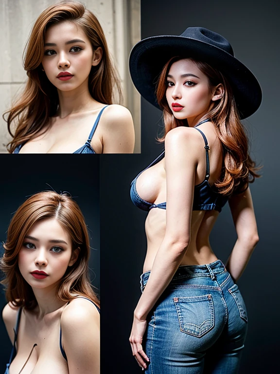 (highest quality、16K high resolution、Super detailed、masterpiece、Live shooting、realistic:1.4、hyper realism:1.4、sharp focus、very delicate and beautiful、 sexy, standing, topless, blue thong, cowboy hat, open denim vest, cute butt、(show your breasts:1.3)、(super beautiful)、(beautiful face:1.5)、(detailed face)、(thin and beautiful eyes)、Perfect round eyes、lip details、(lipstick:1.1)、(eyeliner:1.2)、(mascara)、(eye shadow)、sex appeal、light orange hair、full body shot、At NSFW