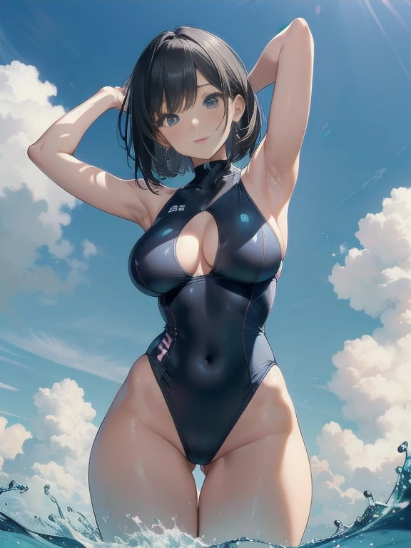 Realistic representation in 8k RAW image quality, an 18-year-old Japanese woman is depicted in a competitive light blue and grey swimsuit. The whole body is shown in detail, emphasizing the curvature of her full figure as she squats down, with thighs wide open to the left and right. The hollow of her crotch is emphasized, highlighting the transparency of her nipples and the ample size of her breasts. Her face, with its highly detailed features, is a beautiful vision, framed by black short hair in a straight bob style. Looking directly at the viewer, she exudes confidence as she showcases her physique, raising both arms to reveal her ar