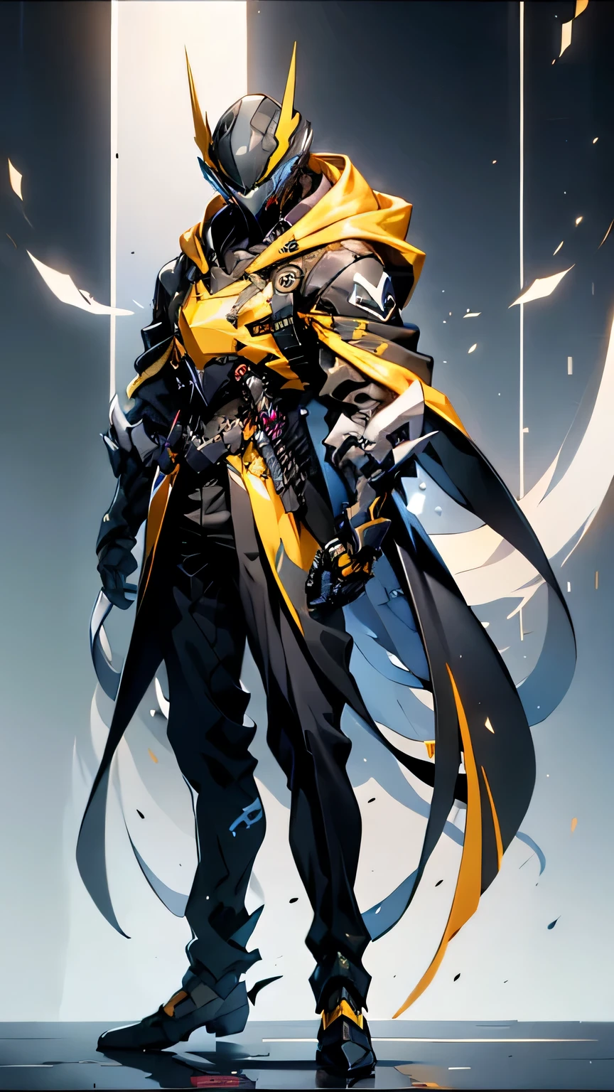 weapon, long_hair, hood, sword, 1boy, hood_up, white_hair, katana, male_focus, sheath, yellow_eyes, multiple_views, futuristic_background, black_pants, pants, very_long_hair, standing, jacket, sheathed, glowing, white_jacket, open_clothes, hair_over_one_eye, full_body, reference_sheet, hooded_jacket