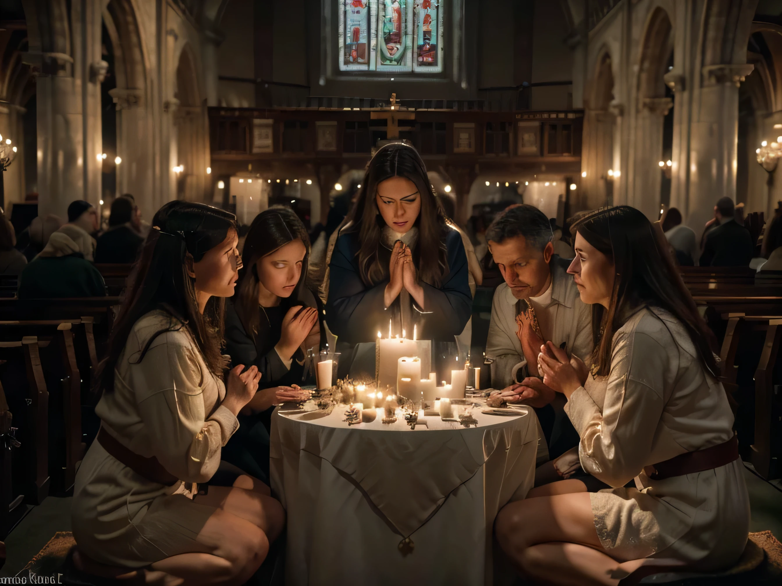 (Best quality:1.3), (8K, raw photo), (realistic, photo-realistic:1.3), high resolution, ultra detailed, highly detailed, extremely intricate, film grain, sharp focus, of Jesus Christ next to a group of people aged between 40 to 45 years old inside a church sitting all praying, realistic 4k style, with many candles on the altar