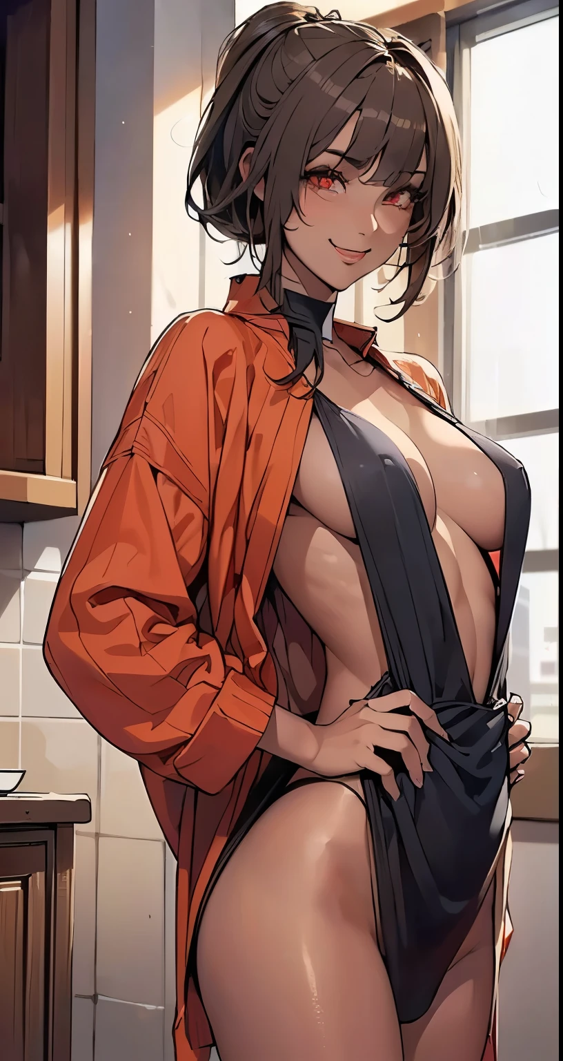 (undressing:1.5),(sneaky smile:1.3),(dark skin:1.8),(19 year old slut gal with light red eyes:1.5),(Red false eyelashes),beautiful breasts、(looking at the viewer:1.5),(blonde and brown hair:1.35),(asymmetrical buzz cut hairstyle)