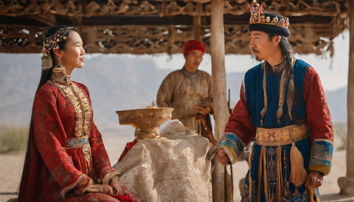 An intimate encounter between a man and a woman unfolds in a heartwarming and enchanting scene.。The stage is、The steppes of medieval Central Asia。The banks of the Ili River sparkling in sunlight。Fantastic and majestic continental scenery。Ethnic、Creates a romantic atmosphere。 They stand facing each other,。their heights are different from each other。 emphasizes their unique physical characteristics。 That man is his height,Has dark hair that frames his striking face。The man is the crown prince of the Turku nomadic empire in the steppes.。The man was wearing an ultramarine costume.、It is decorated with intricate golden embroidery.。Women are ordinary people of the Taklamakan Desert oasis, wearing Uighur national dress.。The woman is delicate and .。Her flowing, light-colored hair shows off her radiant beauty.。Their lips meet in a passionate kiss。 their pure love、Emphasis is placed on transcending class and culture.。 This magical moment captures the essence of their love。Evokes a sense of sweetness and seduction。symbolism、Impressionism、romantic、Persian miniature、The Romance of the Silk Road、Reminiscent of the style of Alma Tadema and Gustave Moreau、delicate、beautiful、It has an exotic, luxurious and profound charm.。digital art。