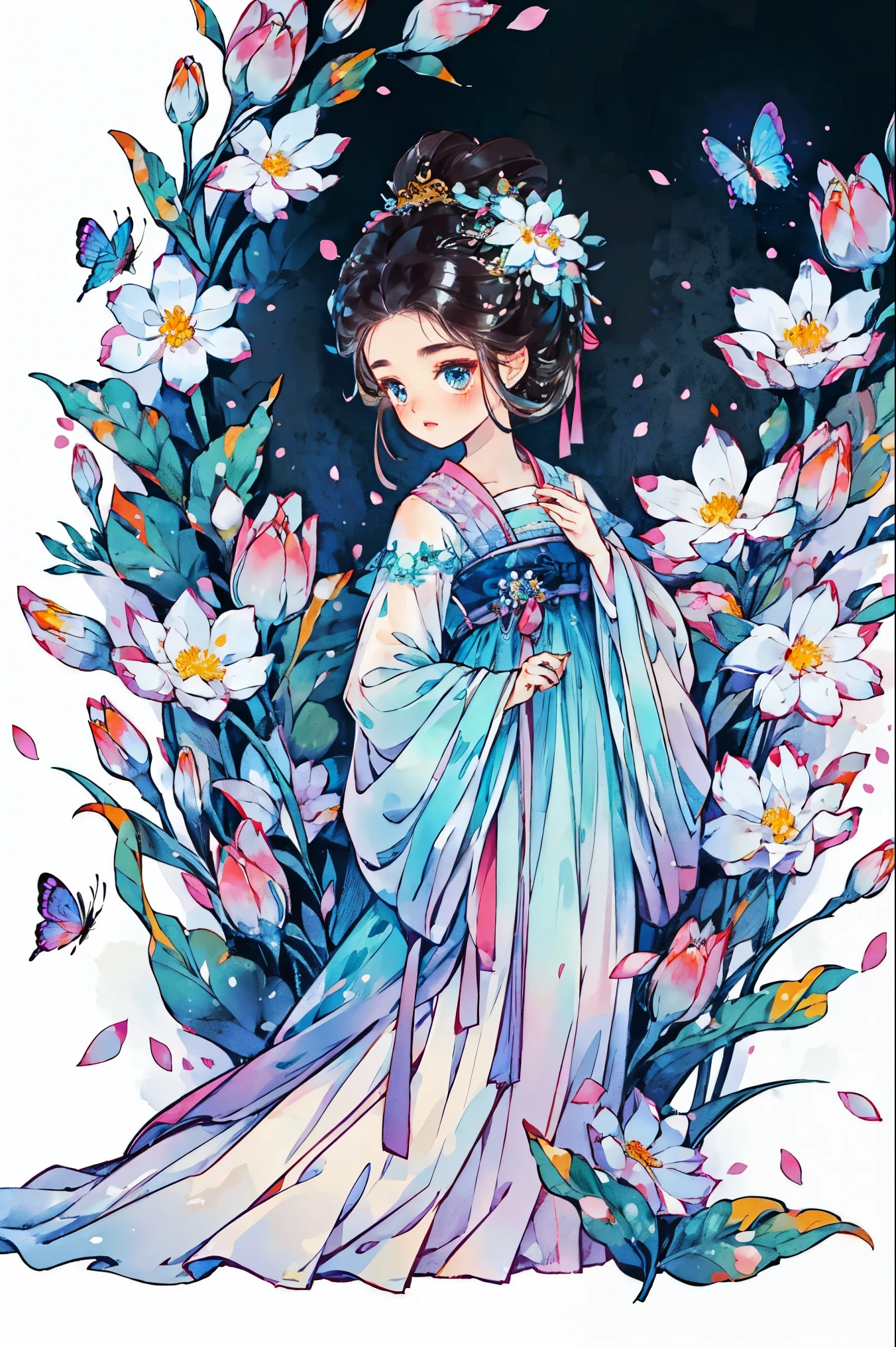 1 sister, alone, model figure,looking at the audience, Blushed, background with, black hair color hair, hair accessories, long sleeve, White background, Everlasting, Full body female love, flowers bloom, hair flower, bun, Butterfly, masterpiece, recent quality, best details, clear facial features, beautiful eyes