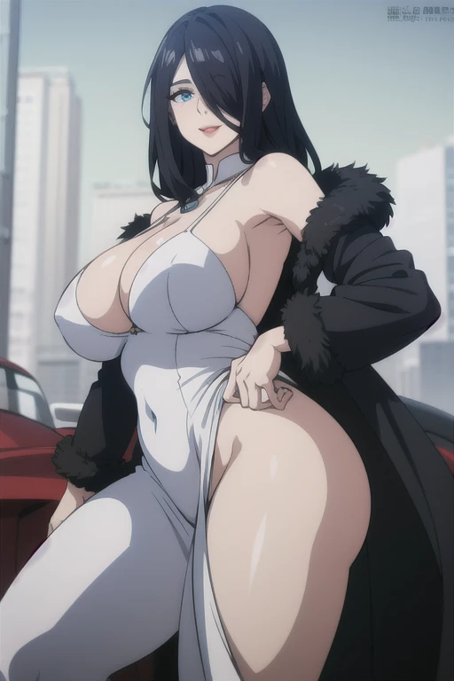 mature women,milf,large breast,beautiful face,long hair, shiny hair, blue eyes,high detailed,black hair, hair over one eye,masterpiece,cowboy shot,perfect anatomy,stand pose,black dress,white fur coat,sexy smile,jewelry,red lips