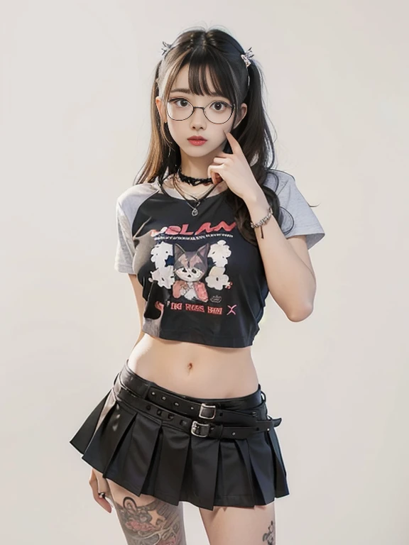 arafed woman in a skirt and glasses posing for a picture, mini-skirt, female furry mini cute style, attractive cat girl, lovely and cute, wearing crop top and miniskirt, punk rock clothes, with a thin waist, photo of slim girl model, cruel korean goth girl, with glasses, fursona wearing stylish clothes, very beautiful cute catgirl