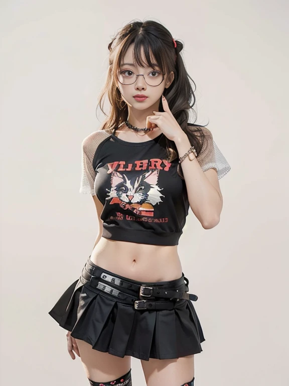 pastel colors t-shirt,off-shoulder look,bare shoulder,ollarbone,midriff peek,Denim tight skirt,(open mouth:1.5),(tongue out:2),Kneeling,Standing Upright,Hands Behind Back,Collar with leash,front view,face focus,from above(1girl,Beautiful 14 year old girl,ager),((Slender,Small breasts,Small face,)),(looking at viewer),Black Hair,bangs,one side up,Beautiful and detailed,(Dimly lit room:1.5),White bed,